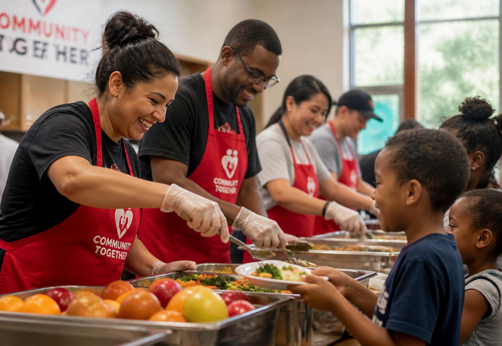 Volunteers serving healthy meals to children at a Scarlet & Grey community meal site
